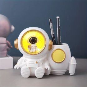 Astronaut Sculpture Pen Holder Pencil Holder Pen Organizer Cosmetic Brush Holder Decorative Pen Box Pen Pot Makeup Brush Pot With Light. (White/Orange (Color: White)